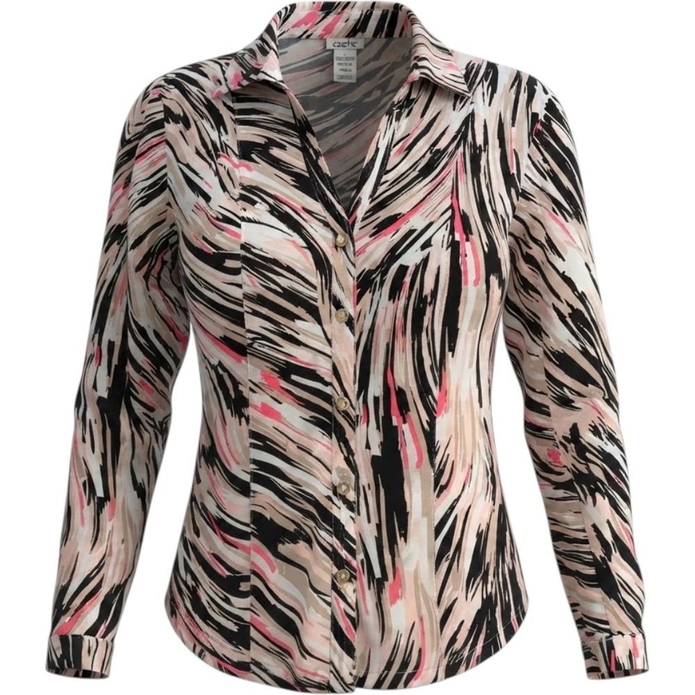 Cache Button Down Shirt Medium Pink Black Abstract Long Sleeve Stretch Top